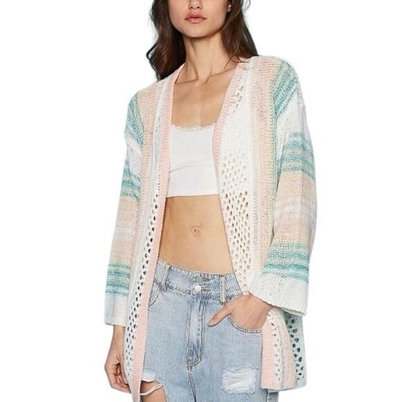 Pol Sweaters - POL Pastel Stripes Knit Open Cardigan - L